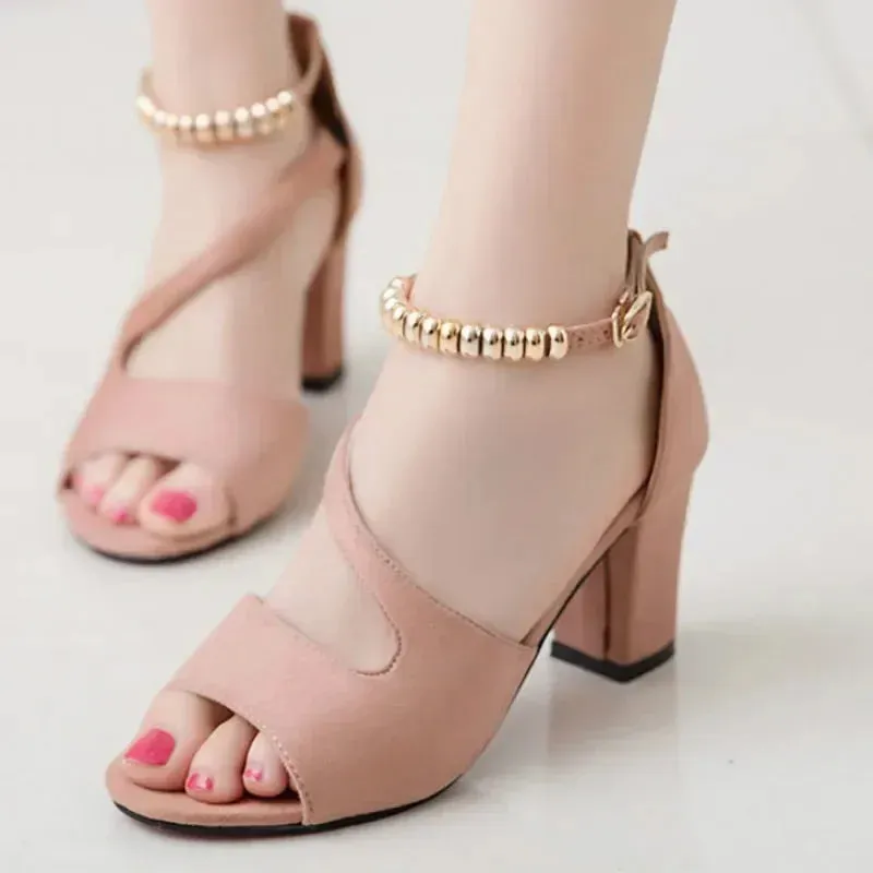 2024 Spring Summer Sexy Fish Mouth Hollow Roman Sandals Thick With Word With Beaded High Heels Female Summer Sexy Female Sandals