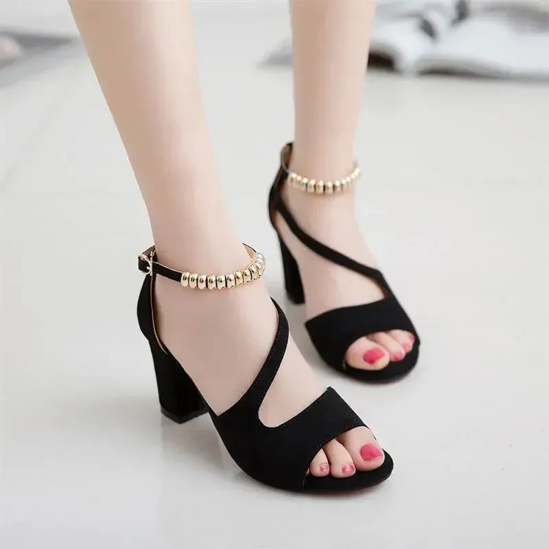 2024 Spring Summer Sexy Fish Mouth Hollow Roman Sandals Thick With Word With Beaded High Heels Female Summer Sexy Female Sandals