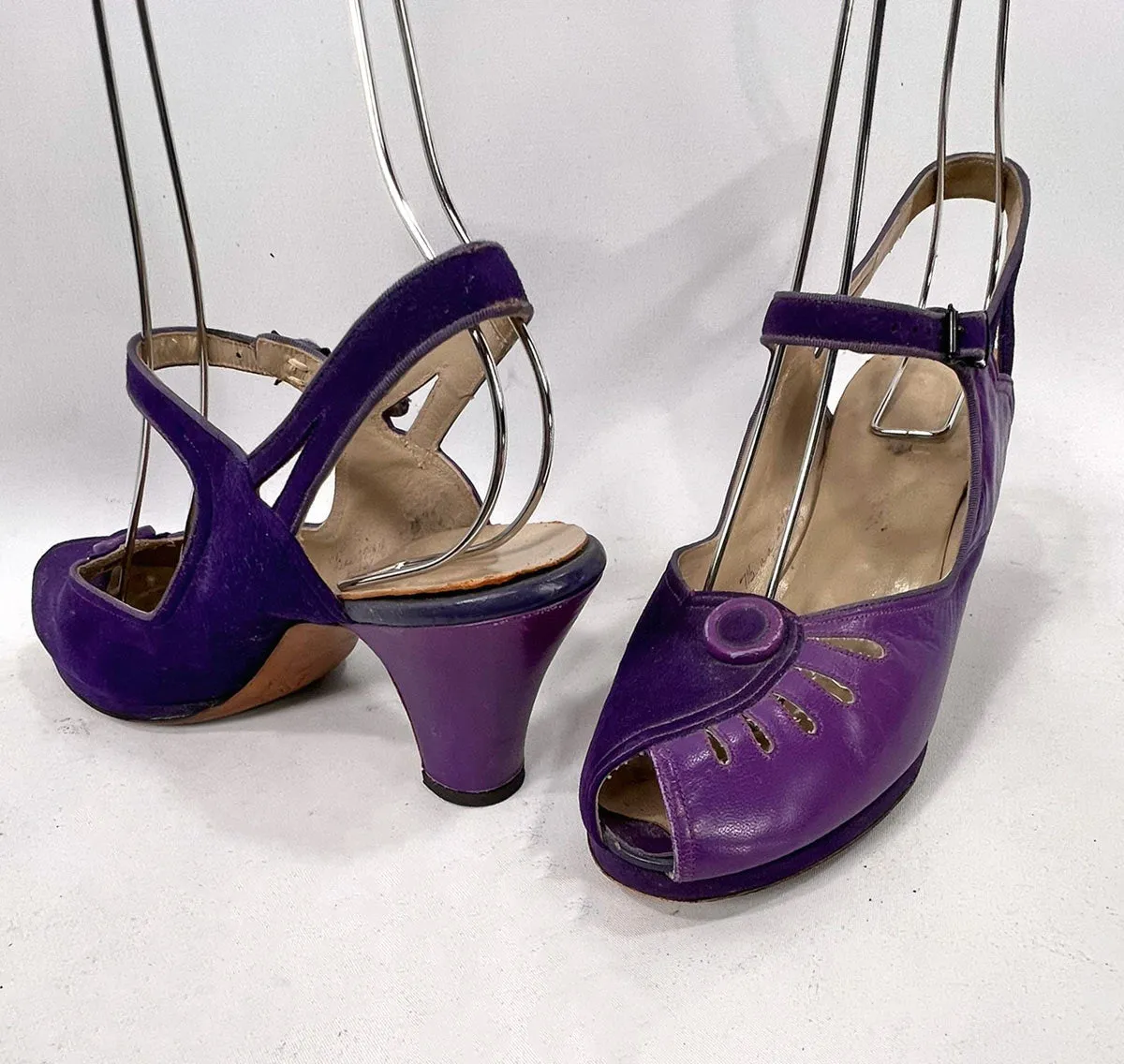 40s Peep Toe Heels Two Tone Purple 50s Ankle Strap Slingback Shoes Thin Platform Vintage Florsheim As Is VFG