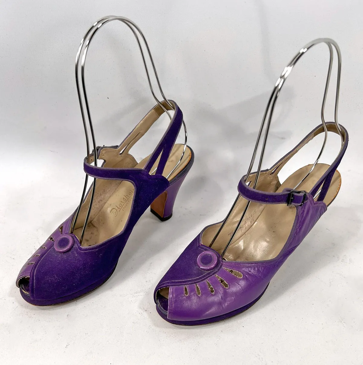 40s Peep Toe Heels Two Tone Purple 50s Ankle Strap Slingback Shoes Thin Platform Vintage Florsheim As Is VFG