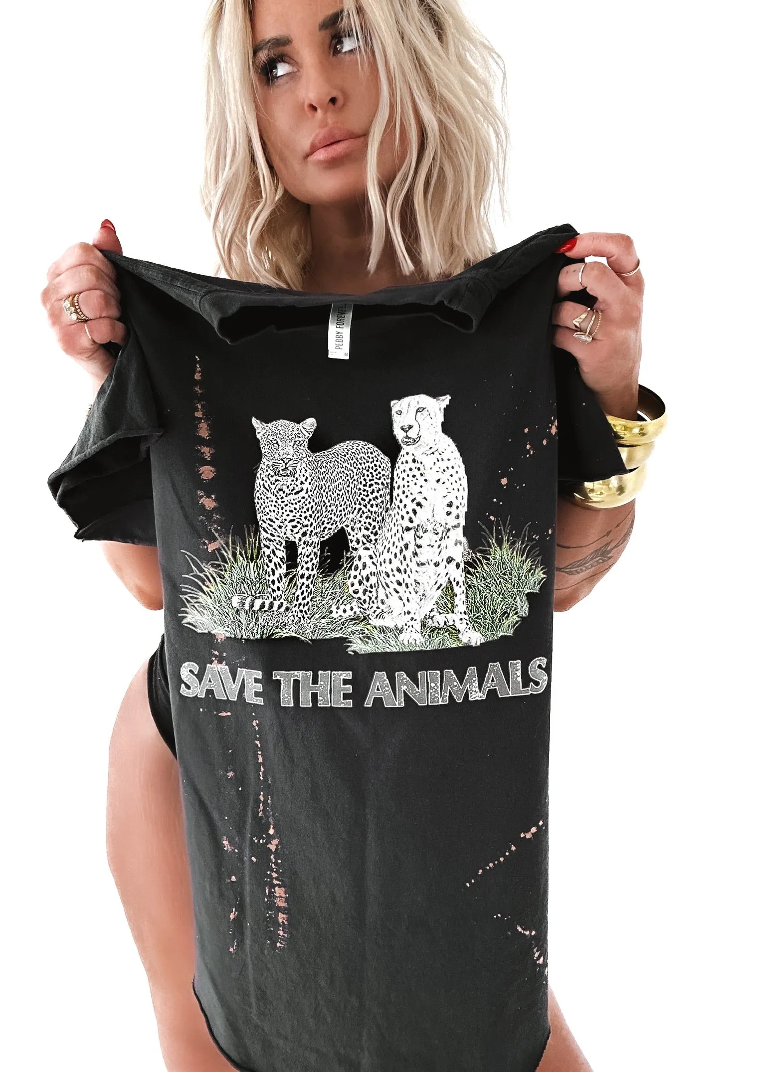 90's SAVE THE ANIMALS VINTAGE BLEACHED OUT SIDE SLIT TEE