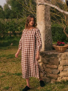 Amalia Long-Length Linen Dress - Mocha Gingham