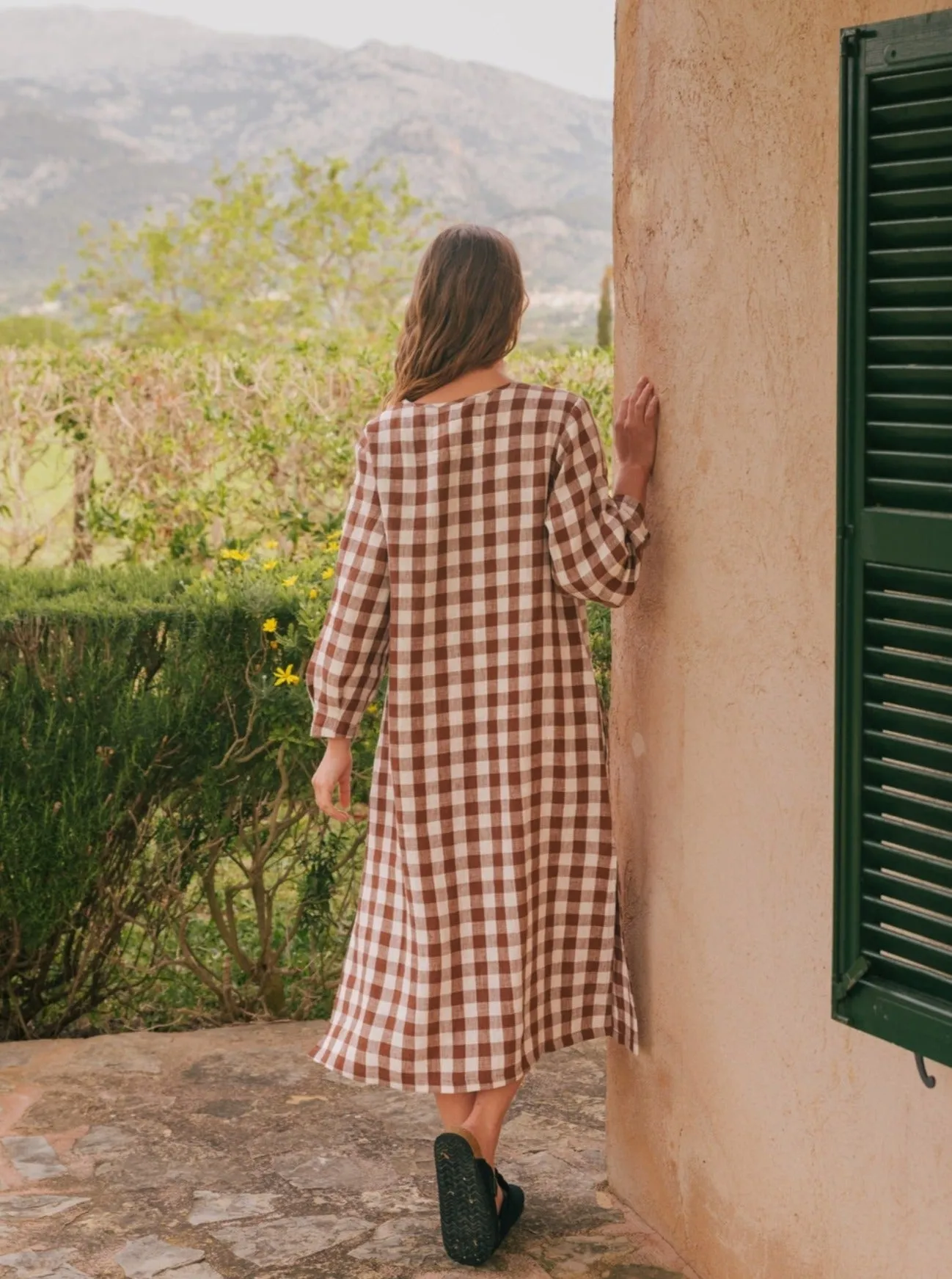 Amalia Long-Length Linen Dress - Mocha Gingham