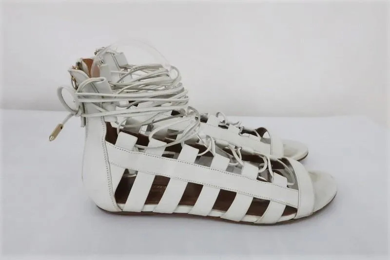 Aquazzura Amazon Gladiator Sandals White Leather Size 37.5 Lace-Up Flats