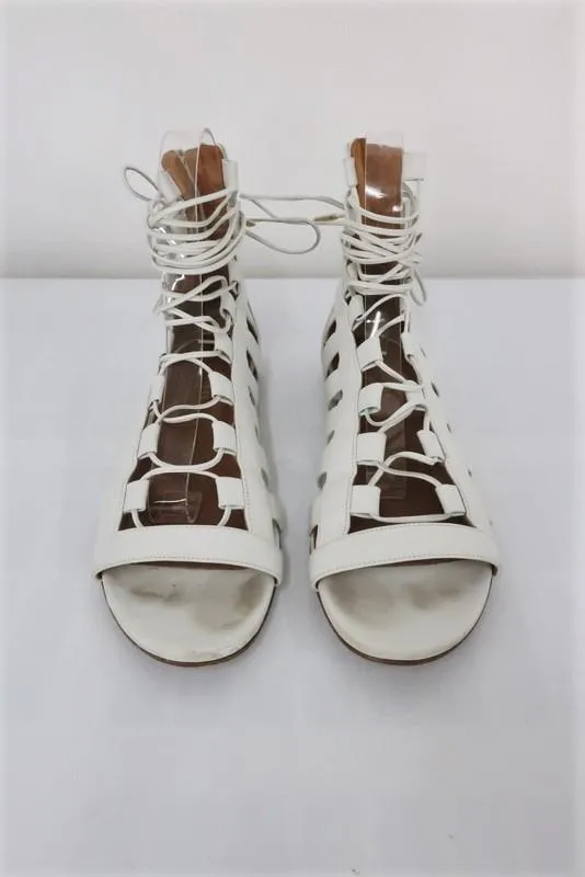 Aquazzura Amazon Gladiator Sandals White Leather Size 37.5 Lace-Up Flats