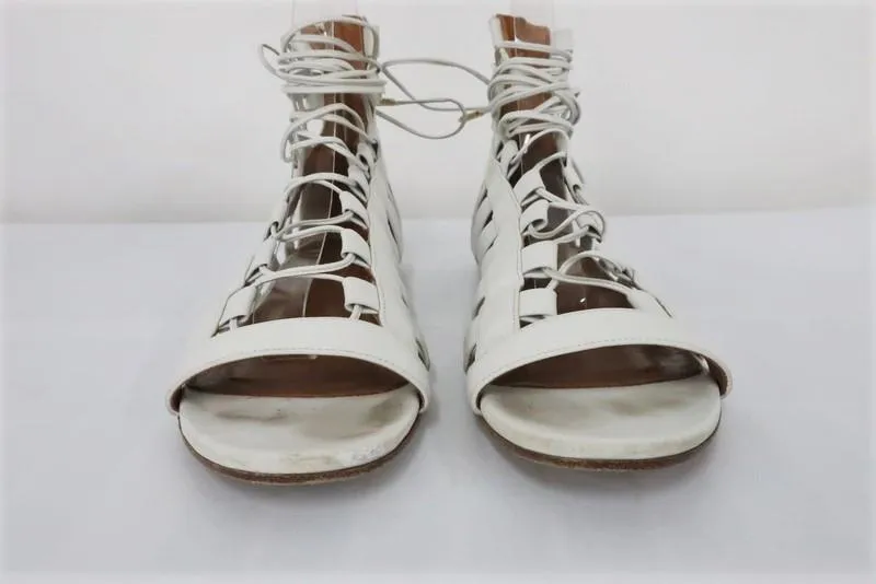 Aquazzura Amazon Gladiator Sandals White Leather Size 37.5 Lace-Up Flats