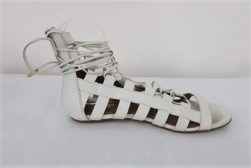 Aquazzura Amazon Gladiator Sandals White Leather Size 37.5 Lace-Up Flats