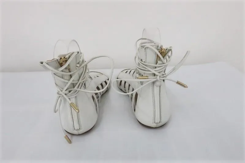 Aquazzura Amazon Gladiator Sandals White Leather Size 37.5 Lace-Up Flats