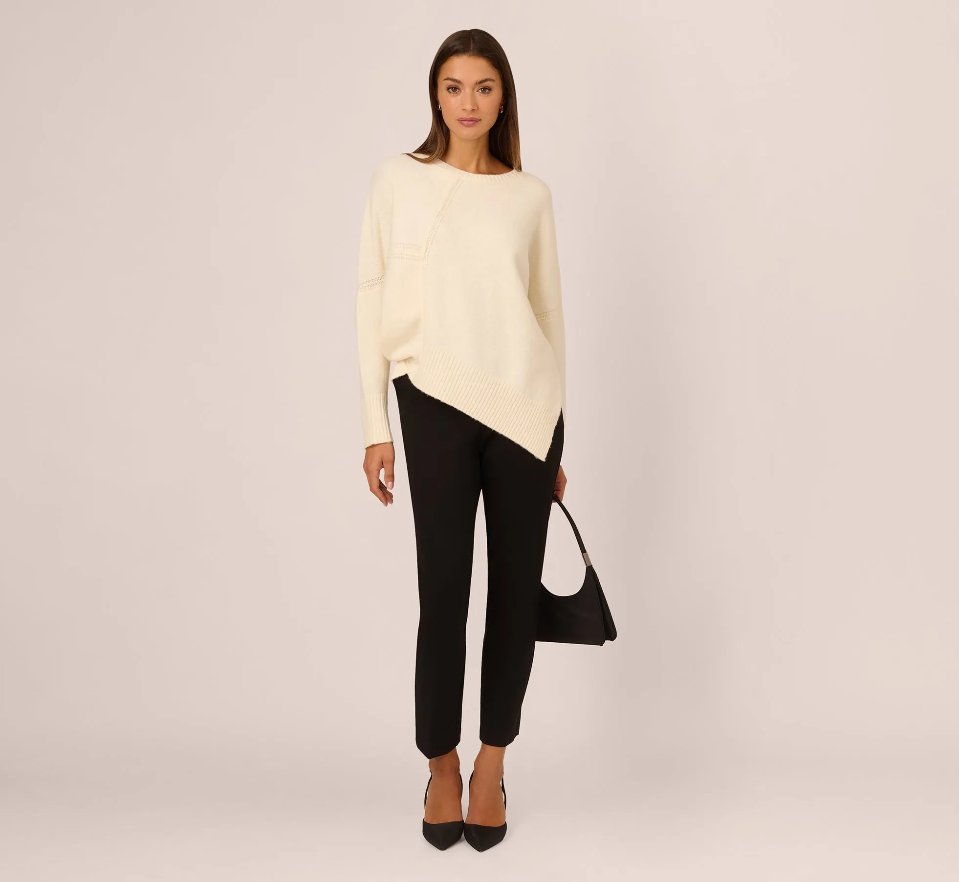 Asymmetrical Slouchy Dolman Sleeve Pullover Sweater In Cream