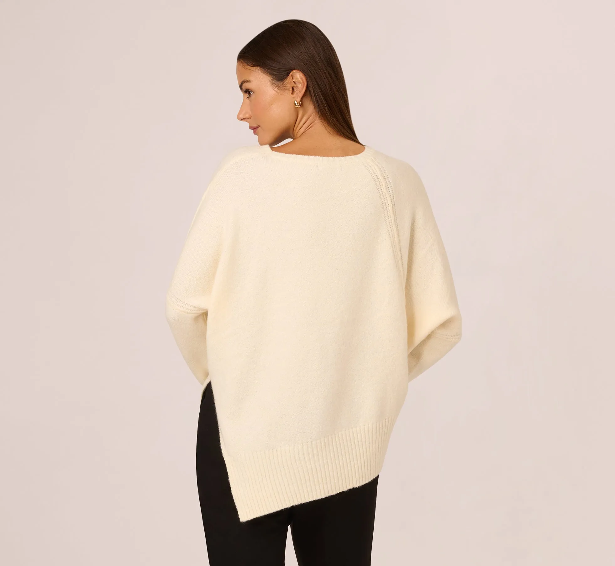 Asymmetrical Slouchy Dolman Sleeve Pullover Sweater In Cream