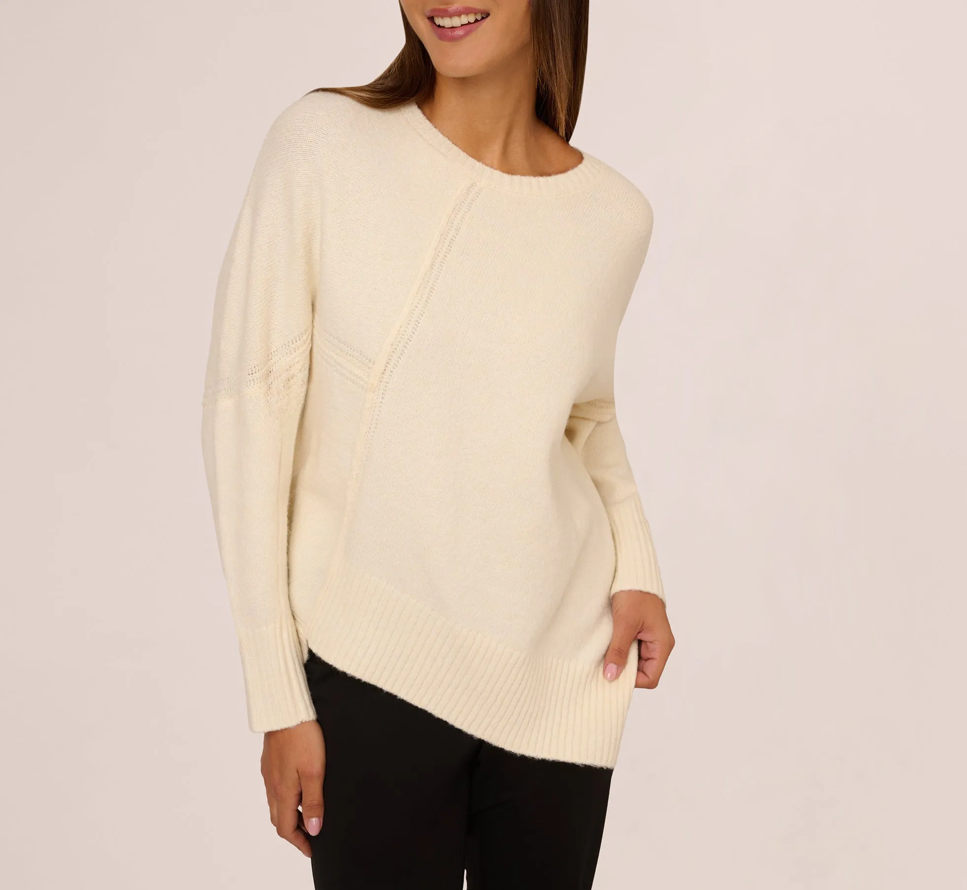 Asymmetrical Slouchy Dolman Sleeve Pullover Sweater In Cream