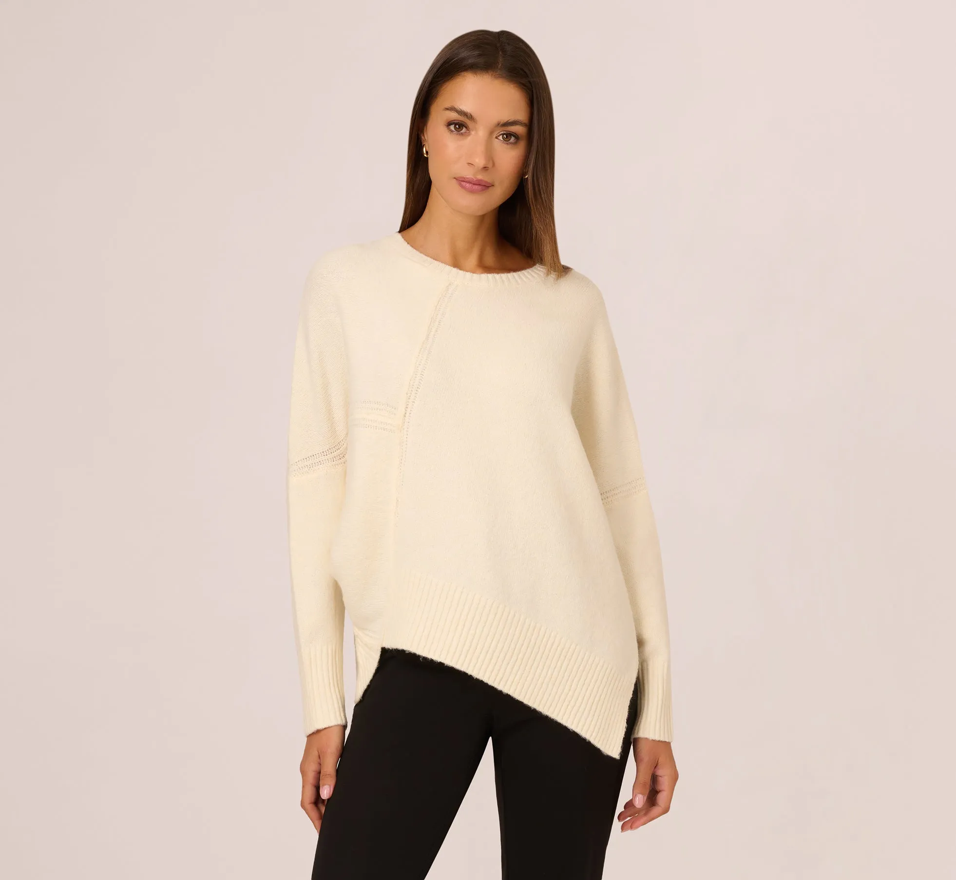 Asymmetrical Slouchy Dolman Sleeve Pullover Sweater In Cream