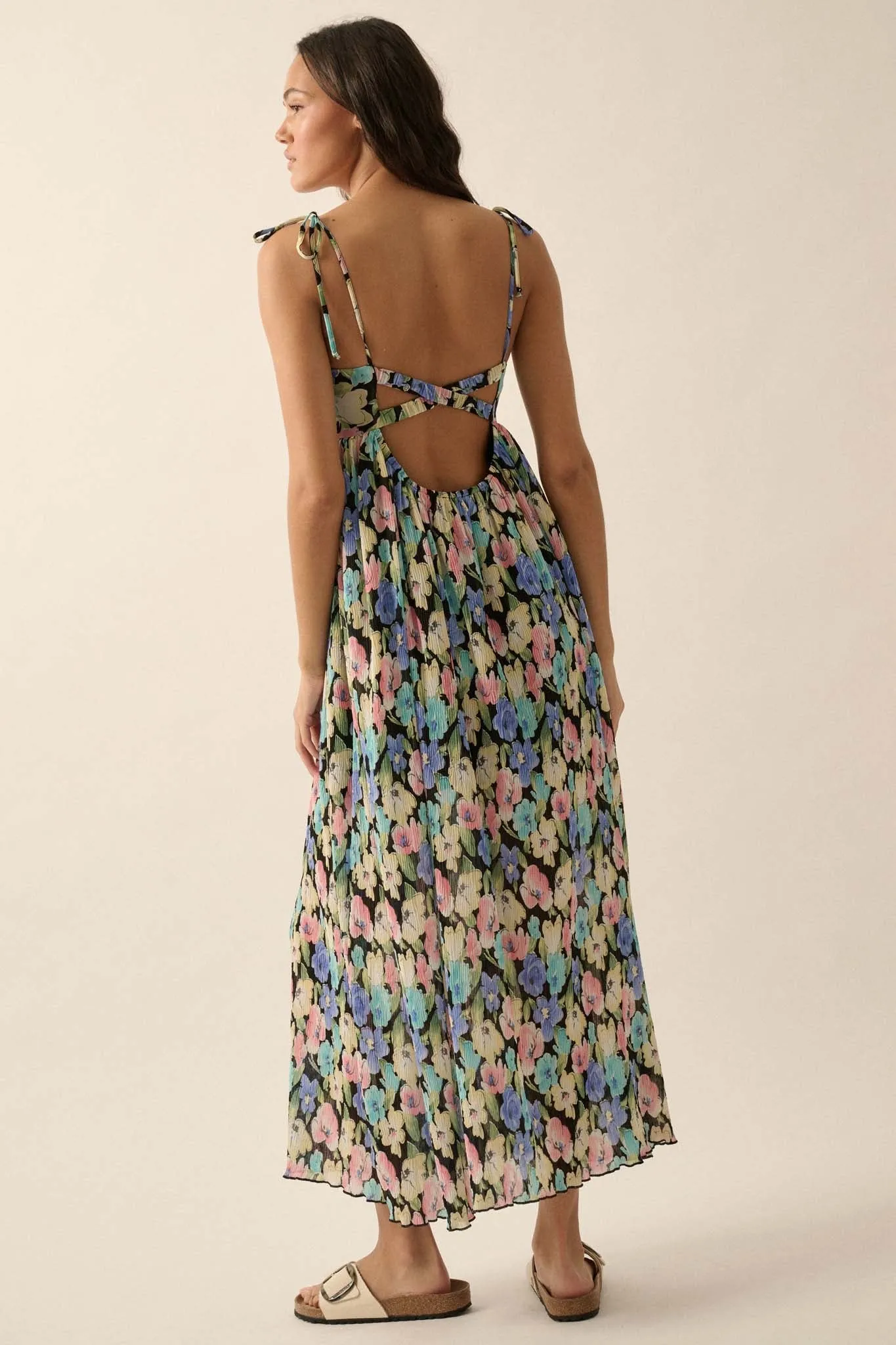 Aurora Blossoms Pleated Floral Maxi Dress