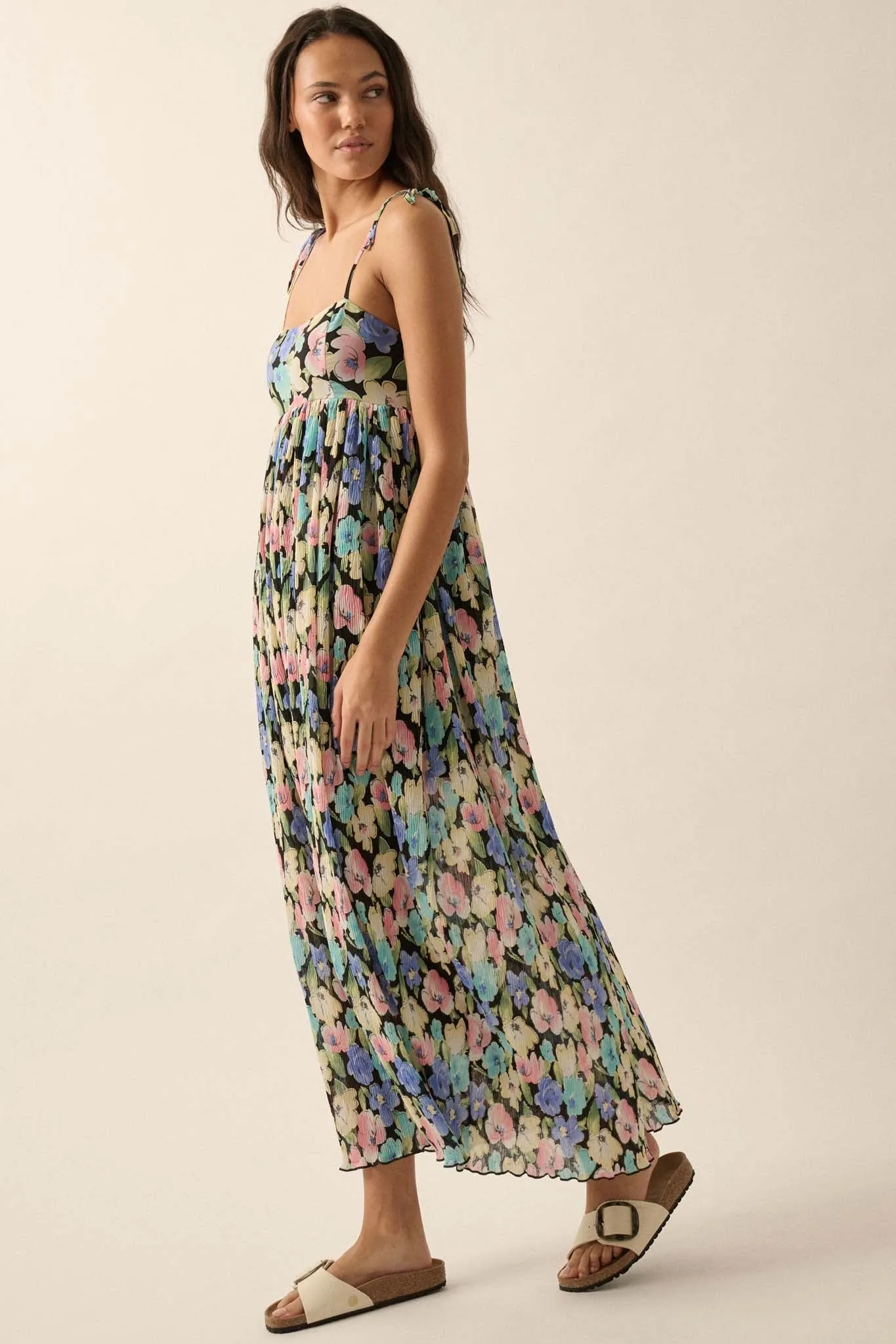 Aurora Blossoms Pleated Floral Maxi Dress