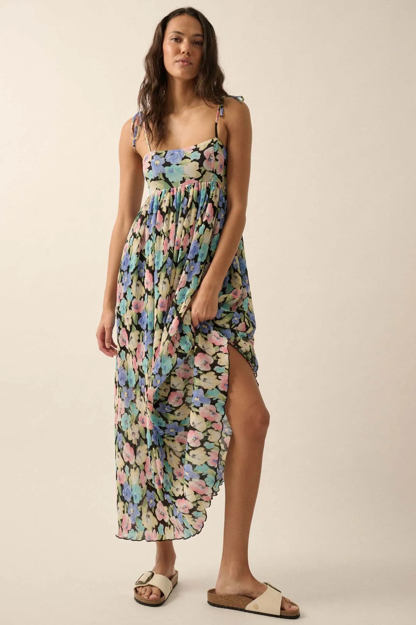 Aurora Blossoms Pleated Floral Maxi Dress