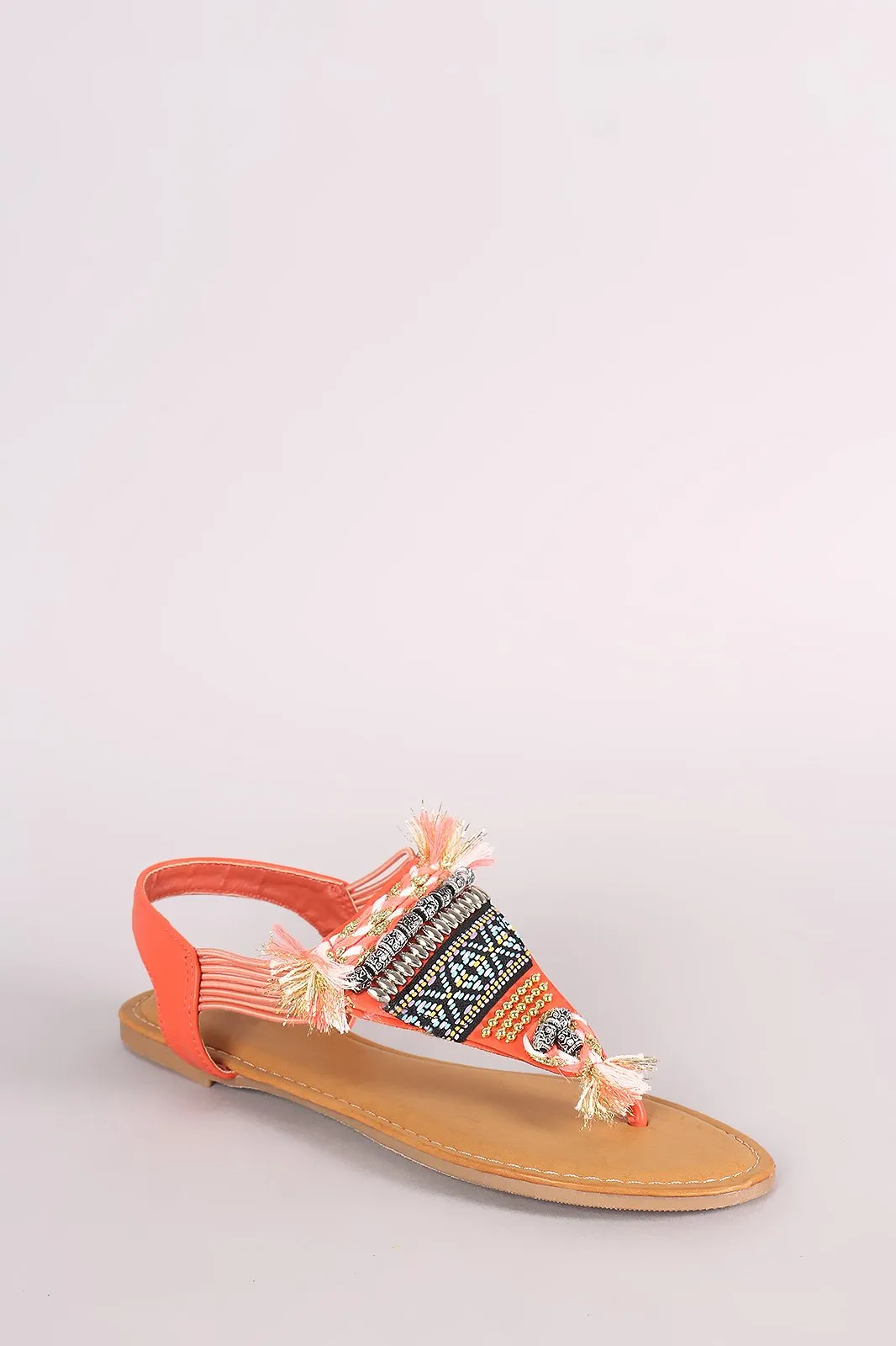 Bamboo Beaded Tapestry V-Strap Thong Flat Sandal