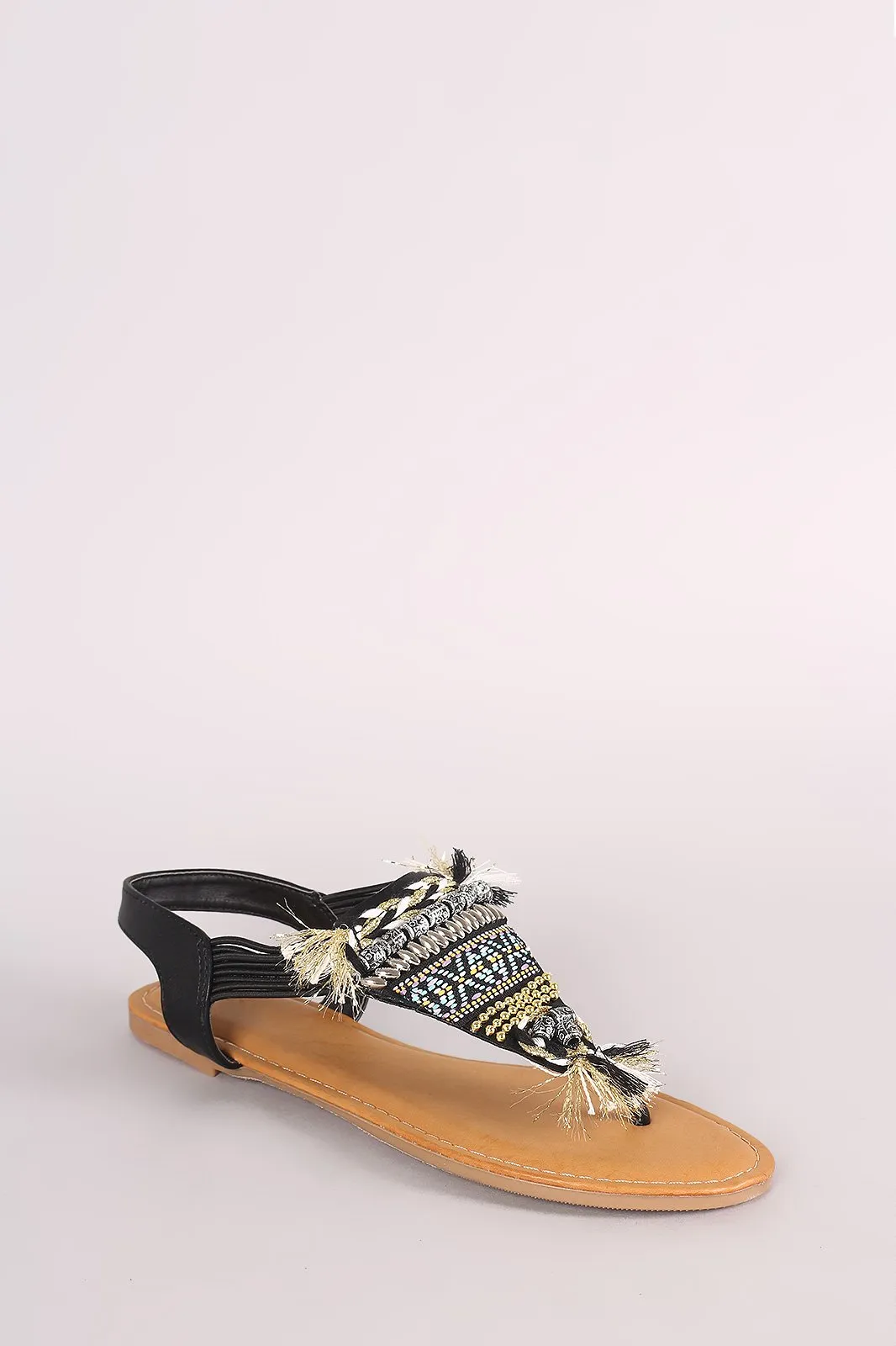 Bamboo Beaded Tapestry V-Strap Thong Flat Sandal