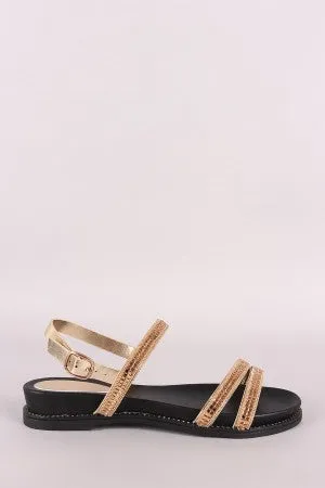 Bamboo Rhinestone Embellished Triple Band Slingback Flat Sandal