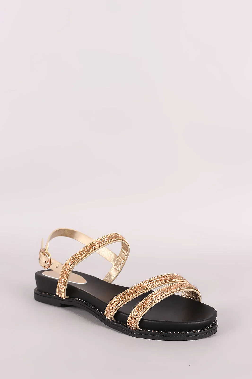 Bamboo Rhinestone Embellished Triple Band Slingback Flat Sandal