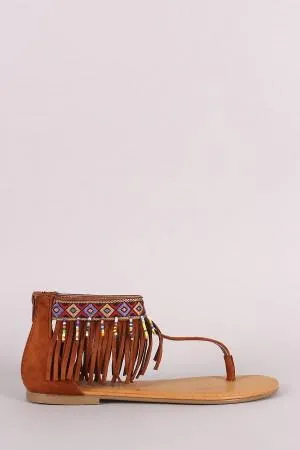 Bamboo Suede Embroidered Fringe Cuff T-Strap Flat Sandal