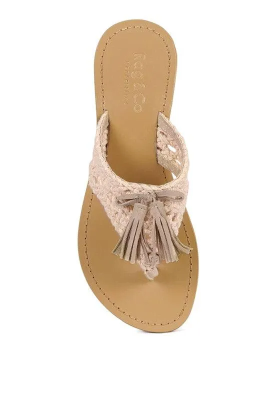 BEECH HANDWOVEN NATURAL SUEDE TASSEL THONG FLATS