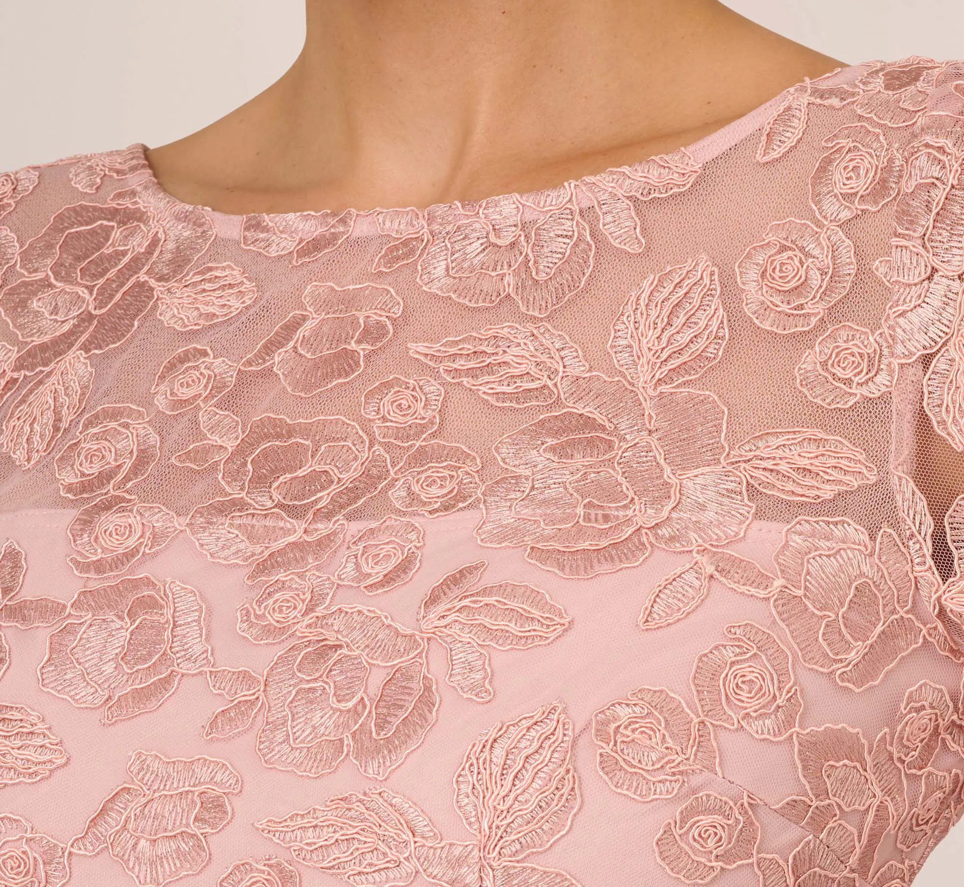 Bell Sleeve Rose Embroidered Sheath Dress In Dusty Rose