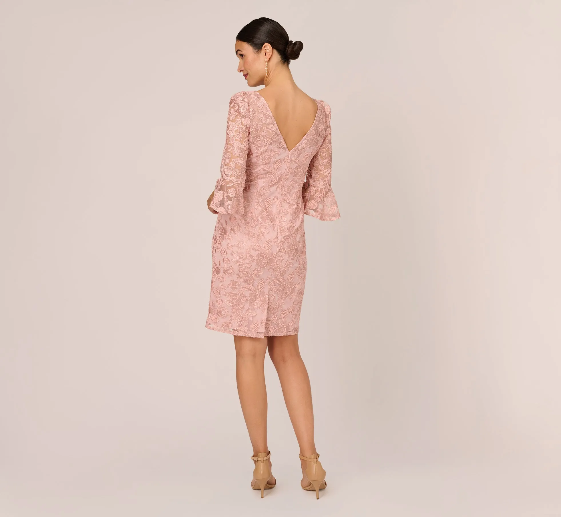 Bell Sleeve Rose Embroidered Sheath Dress In Dusty Rose