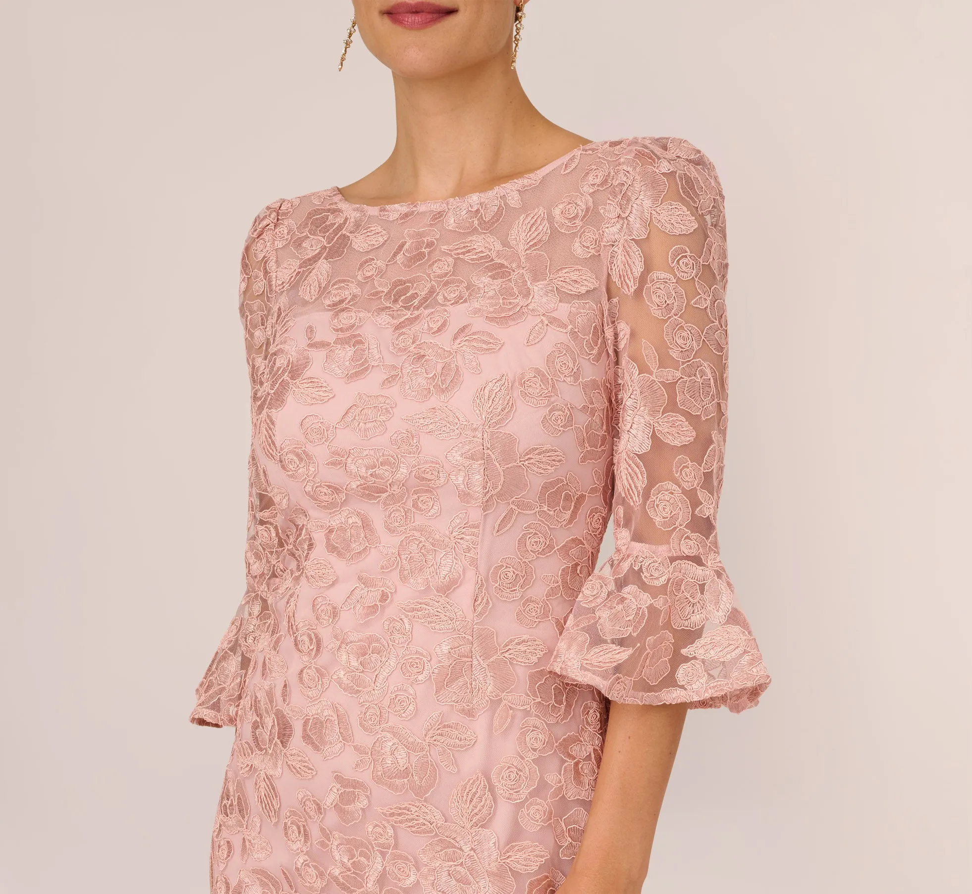 Bell Sleeve Rose Embroidered Sheath Dress In Dusty Rose