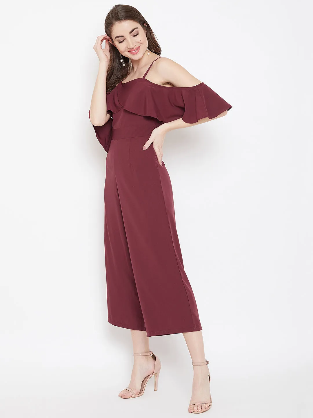 Berrylush Women Solid Maroon Square Neck Ruffled Culotte Jumpsuit