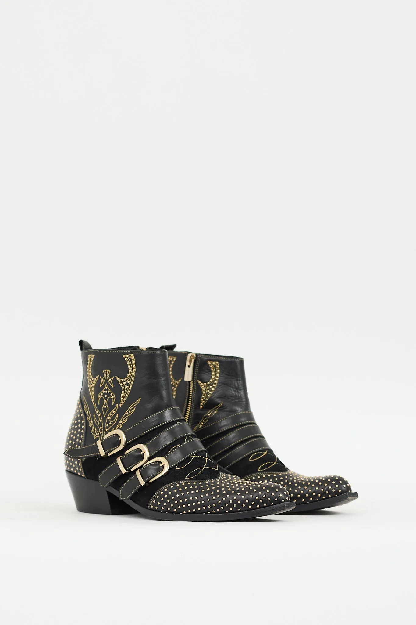 Black & Gold Leather & Suede Embellished Western Boot