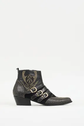 Black & Gold Leather & Suede Embellished Western Boot