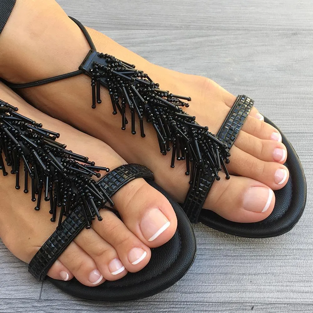 Black Frou Frou Embellished Leather Sandals