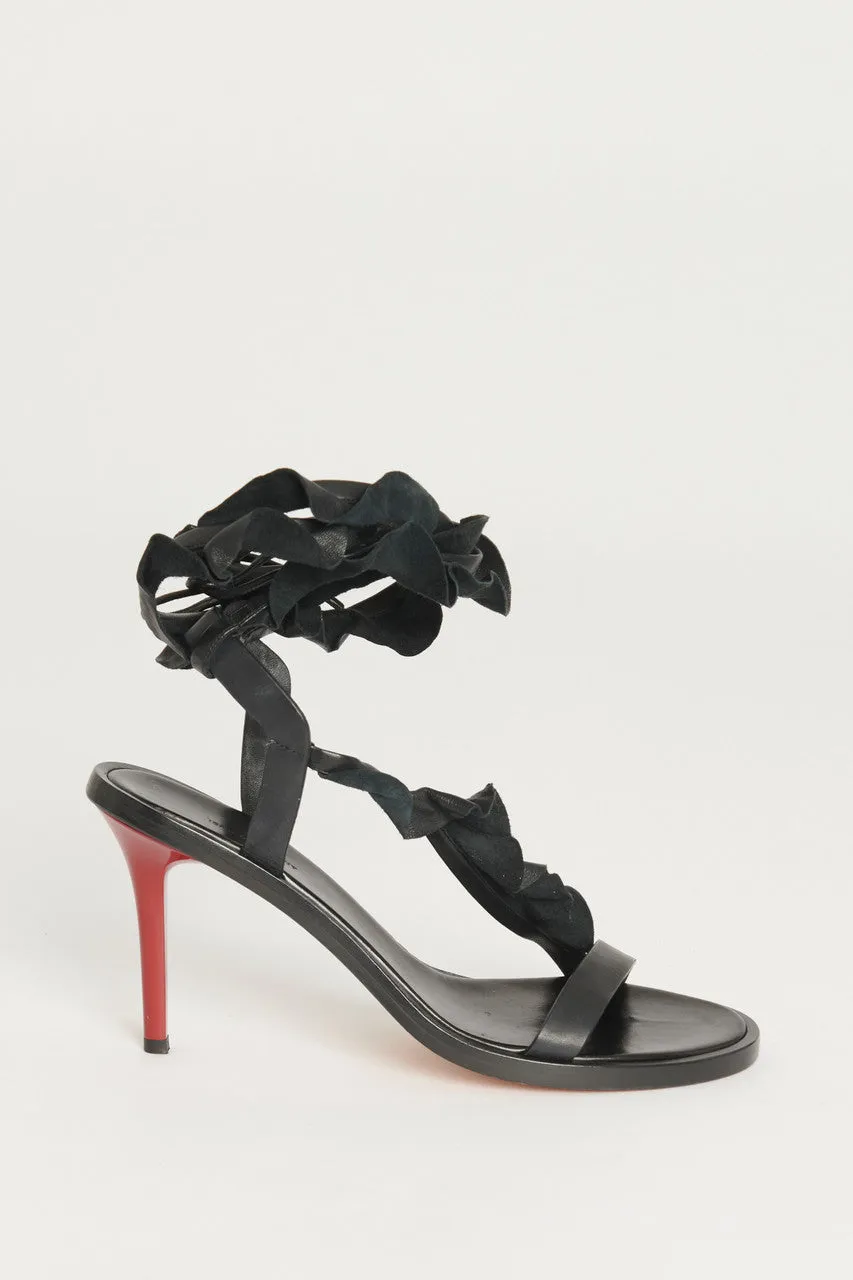 Black Leather Ruffle Tie Detail Preowned Sandal