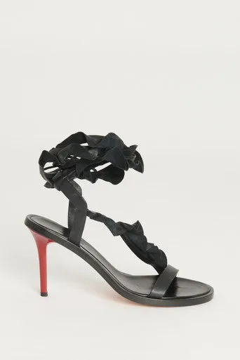 Black Leather Ruffle Tie Detail Preowned Sandal