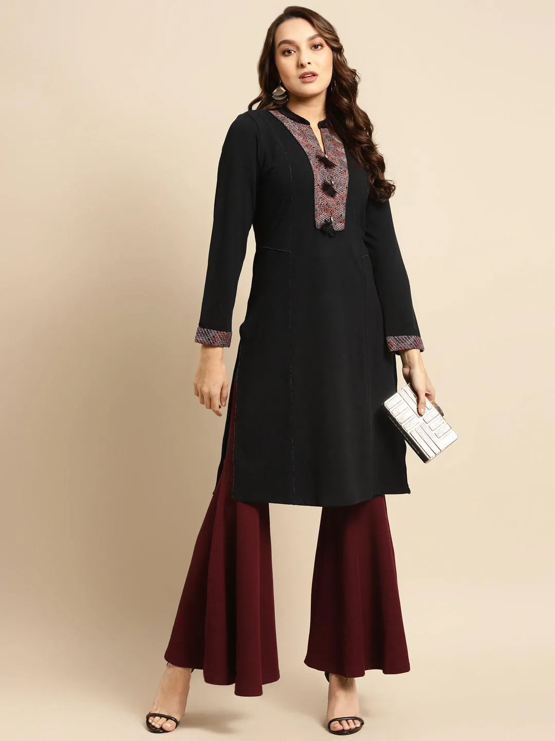 Black Regular Embroidery Kurti