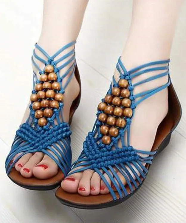 Boho Blue Wedge Genuine Leather Women Cross Beaded Strap Sandals