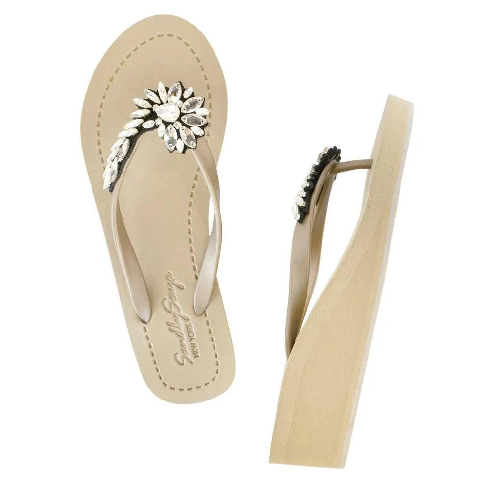 Broadway - Crystal Rhinestone Embellished Mid Wedge Flip Flops Sandal