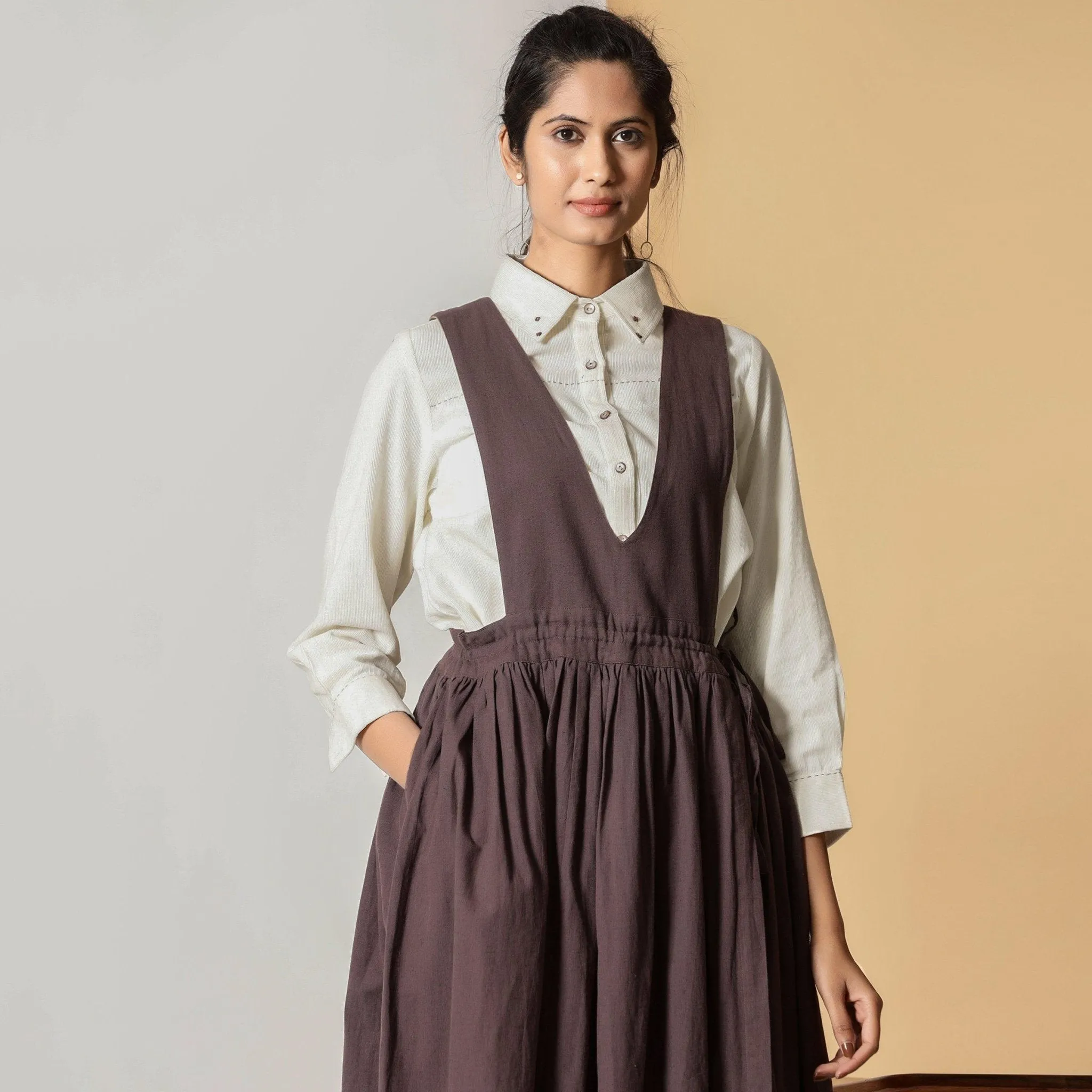 Brown Cotton Flax Pinafore Midi Wrap Dress