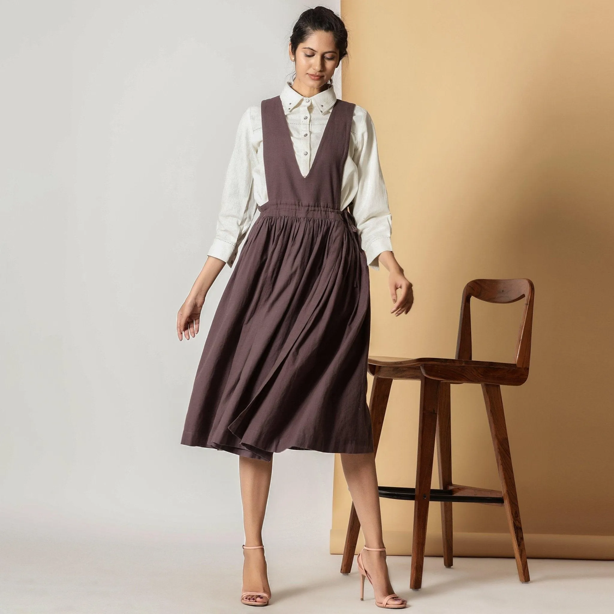 Brown Cotton Flax Pinafore Midi Wrap Dress