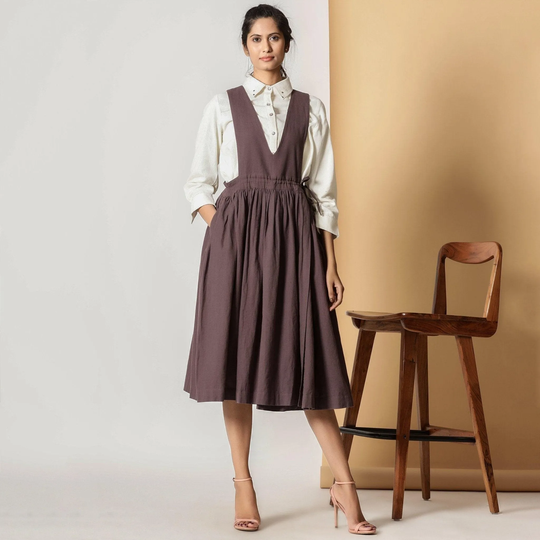 Brown Cotton Flax Pinafore Midi Wrap Dress