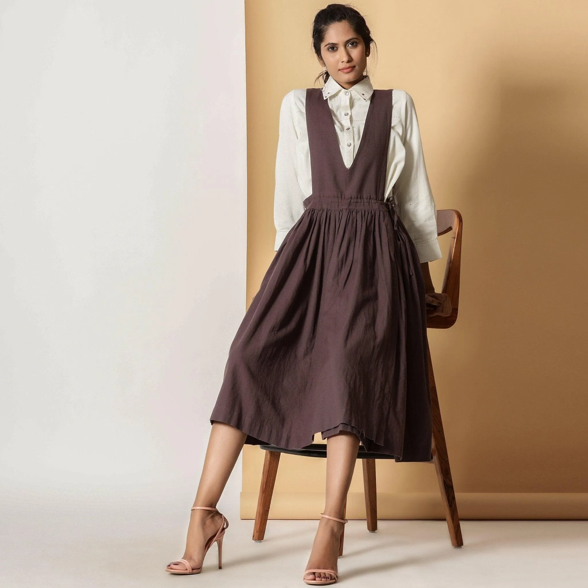 Brown Cotton Flax Pinafore Midi Wrap Dress