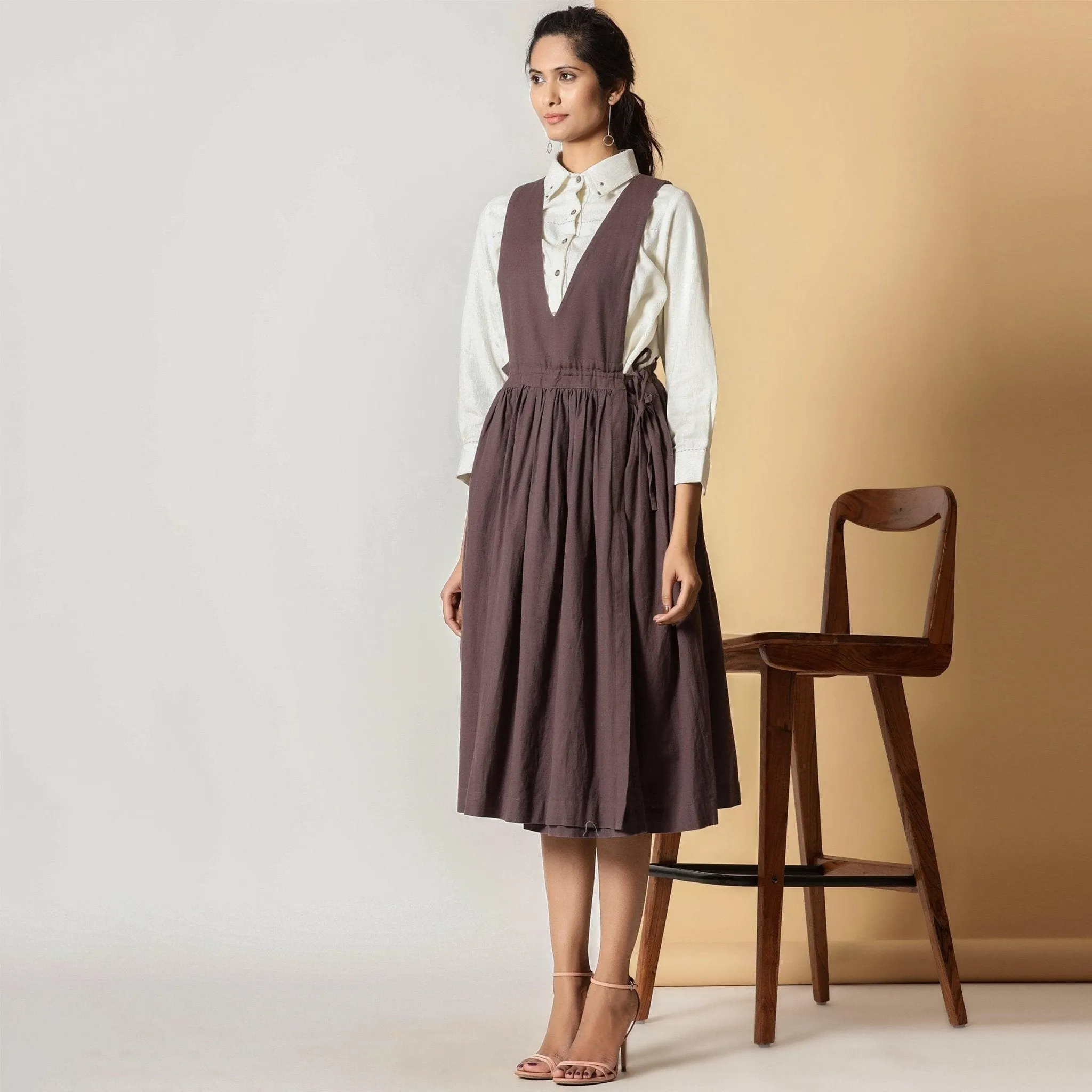 Brown Cotton Flax Pinafore Midi Wrap Dress