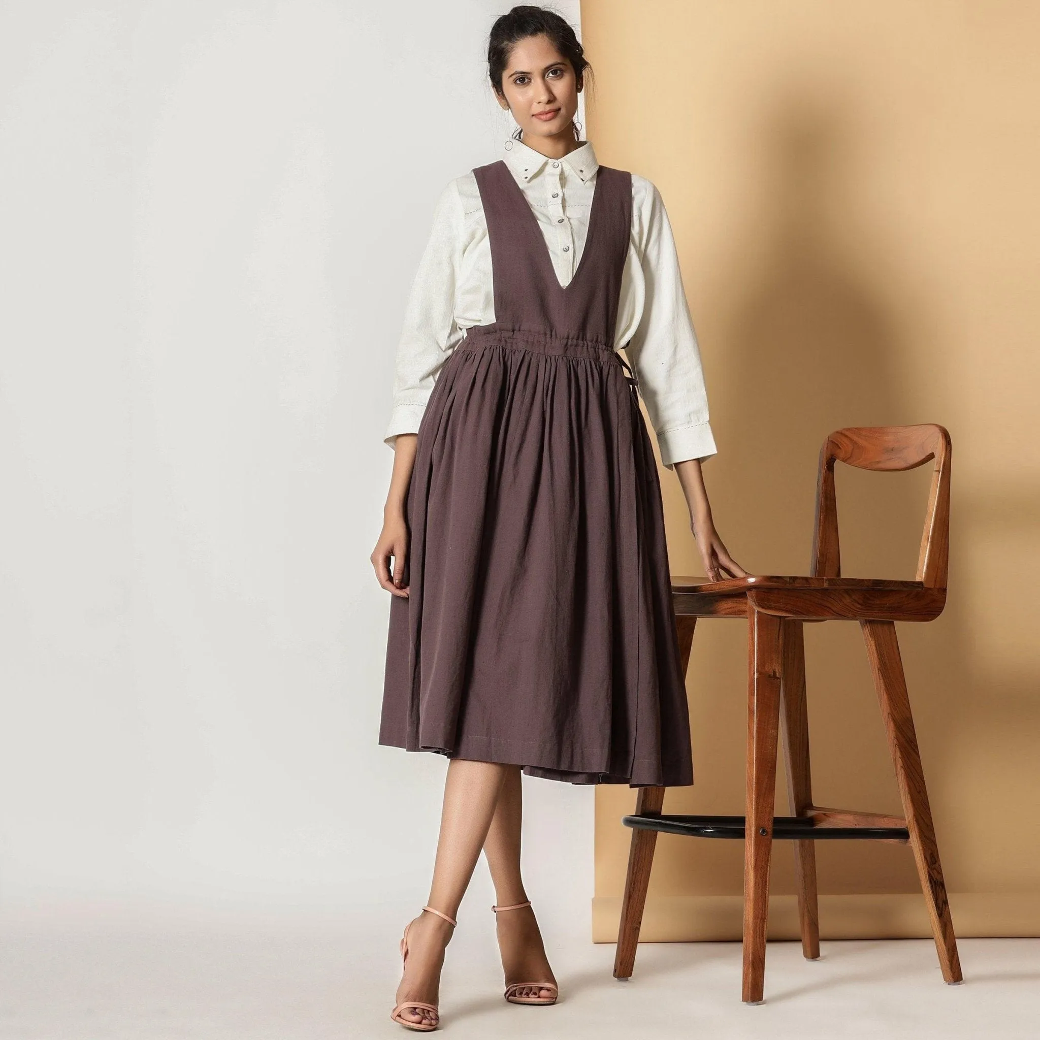 Brown Cotton Flax Pinafore Midi Wrap Dress