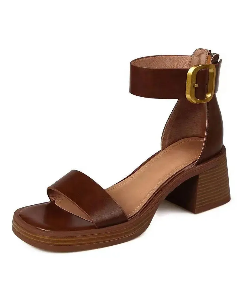 Brown Peep Toe Buckle Strap Zippered Splicing Chunky Sandals LY8259