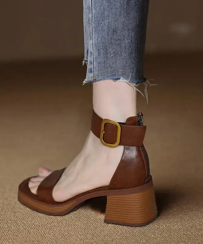 Brown Peep Toe Buckle Strap Zippered Splicing Chunky Sandals LY8259