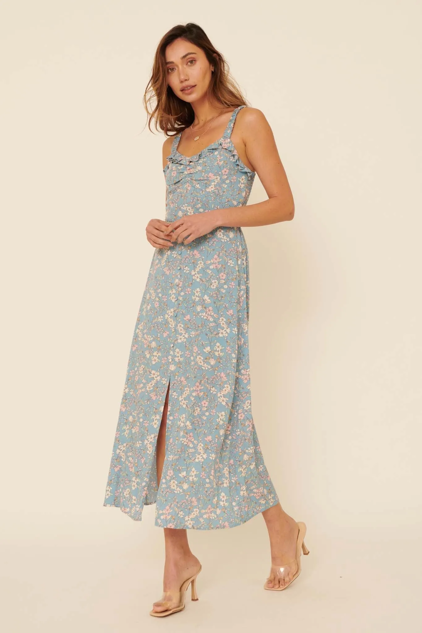 Butterfly Kisses Ruffled Floral Midi Dress