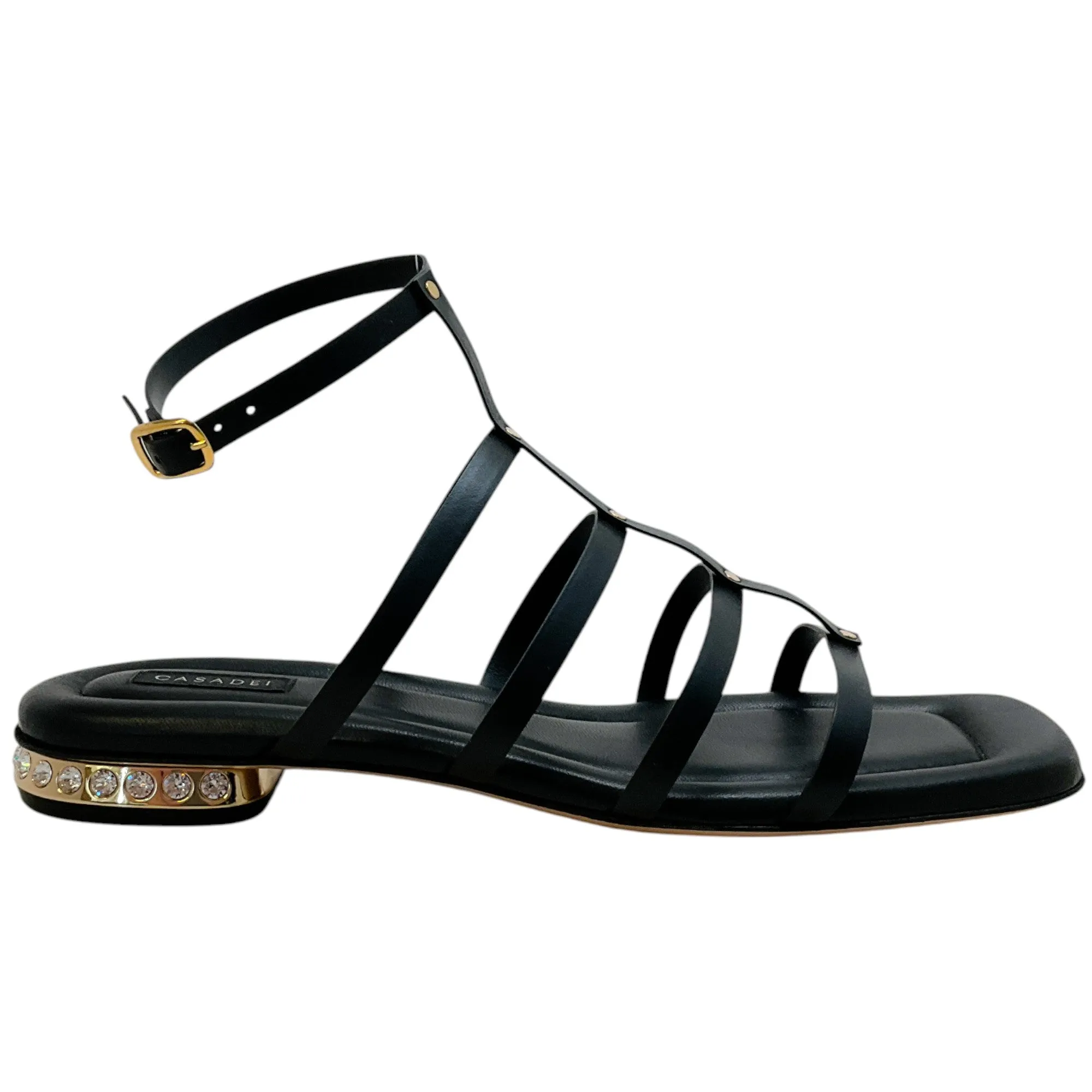 Casadei Black Leather Flat Gladiator Sandals with Crystal Heel