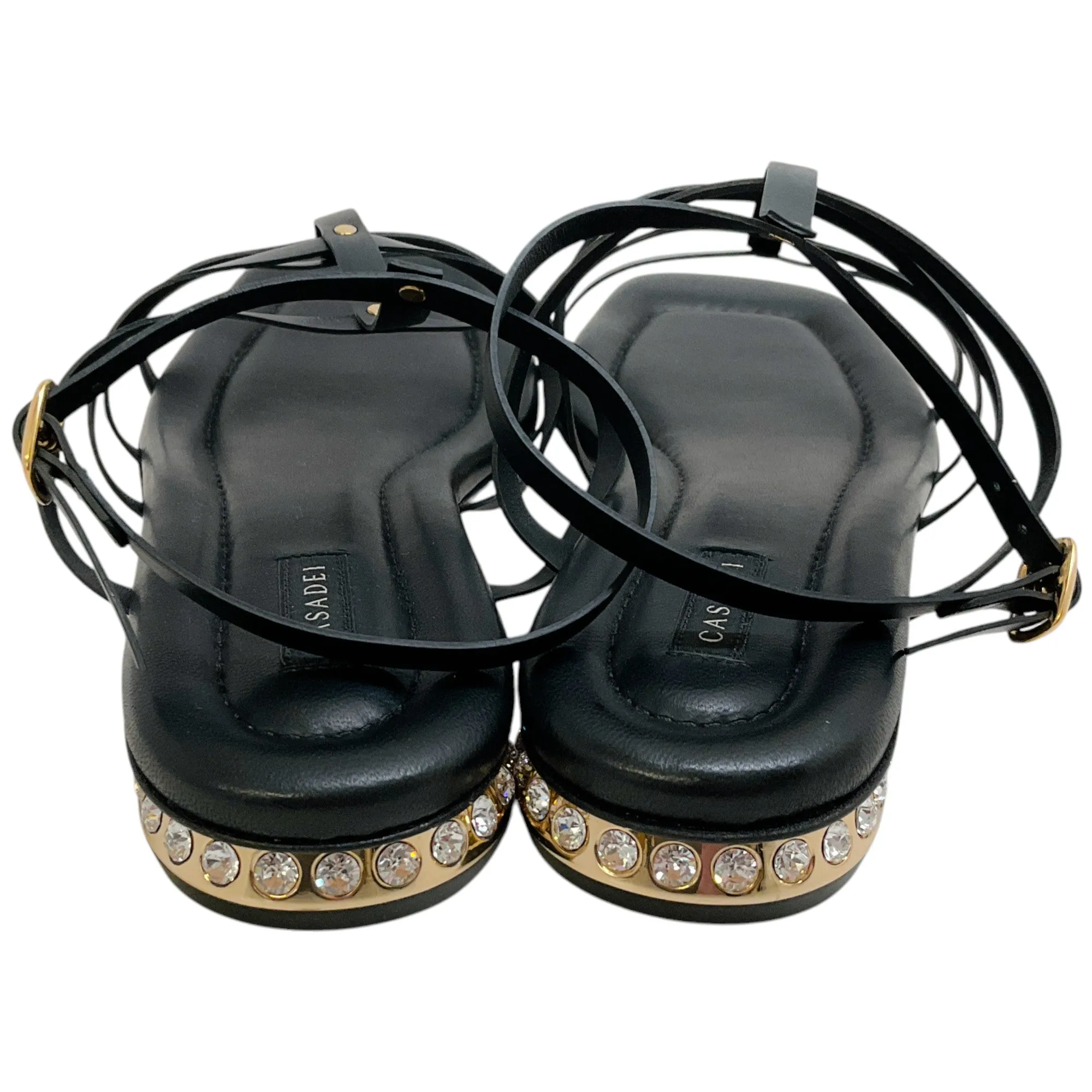 Casadei Black Leather Flat Gladiator Sandals with Crystal Heel