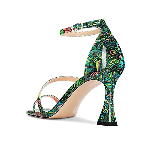 Castamere Women High Heel Open Toe Sandals Ankle Strap Gladiator Wedding Prom Dress 3.3 Inches Heels Green Pattern