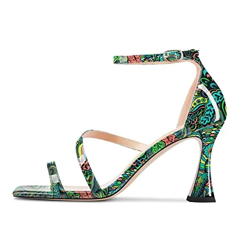 Castamere Women High Heel Open Toe Sandals Ankle Strap Gladiator Wedding Prom Dress 3.3 Inches Heels Green Pattern